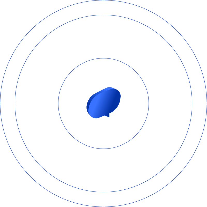 A blue, 3D chat bubble icon at the center of concentric blue circles, radiating outwards on a white background.
